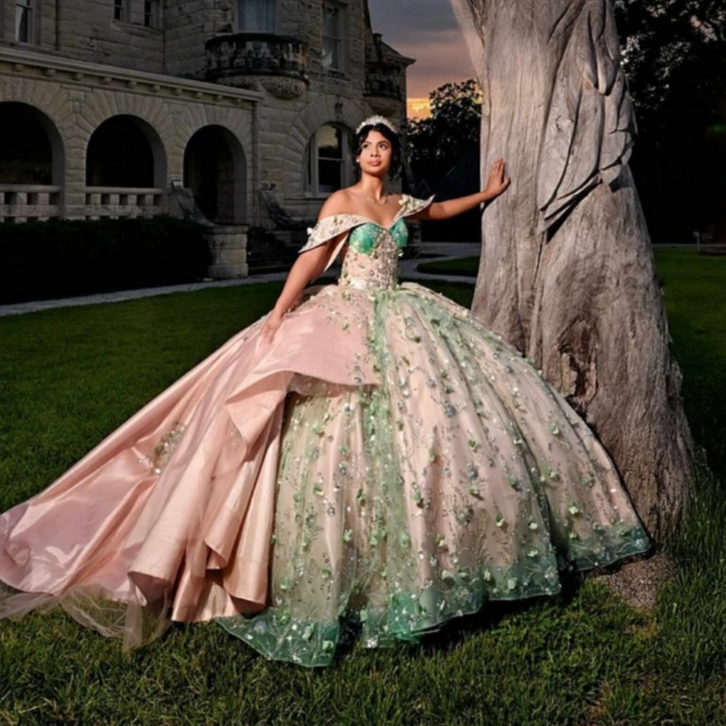 Pink Shiny Ball Gown Quinceanera Dresses Off The Shoulder Sequin Applique Lace Flower Beads Tull Party Birthday Sweet 16 Dress Vestidos 15 De Anos