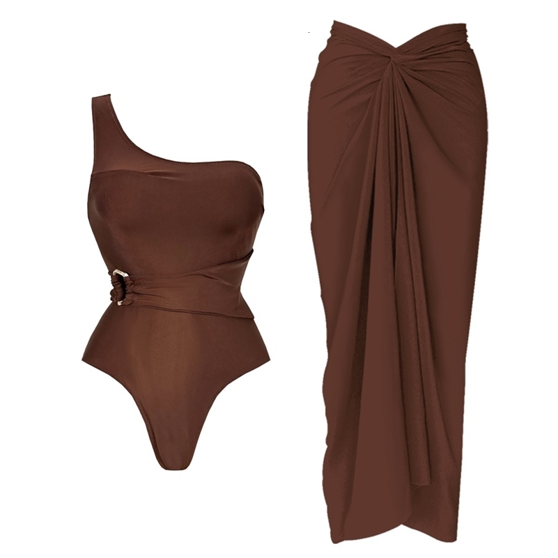 2Pcs Deep V Swimsuit With Long Skirt Women Sexy Swimwear Female Bikini Cut Out Biquini Swim Suit Shiny Button Bodysuit Beachwear 250911