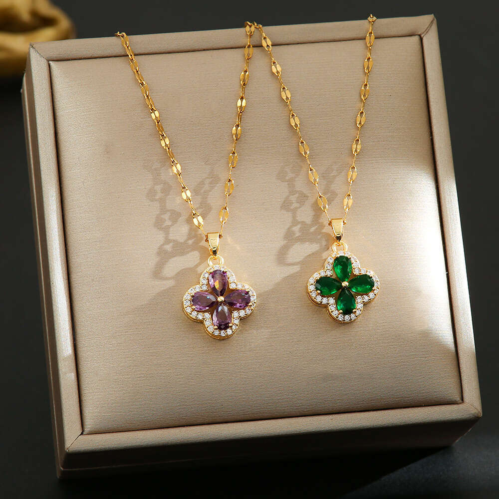 New Violet Inlaid Dia Four-Leaf Clover Titanium Steel Necklace for Women Fashion Versatile Collarbone Chain Light High-End Jewelry