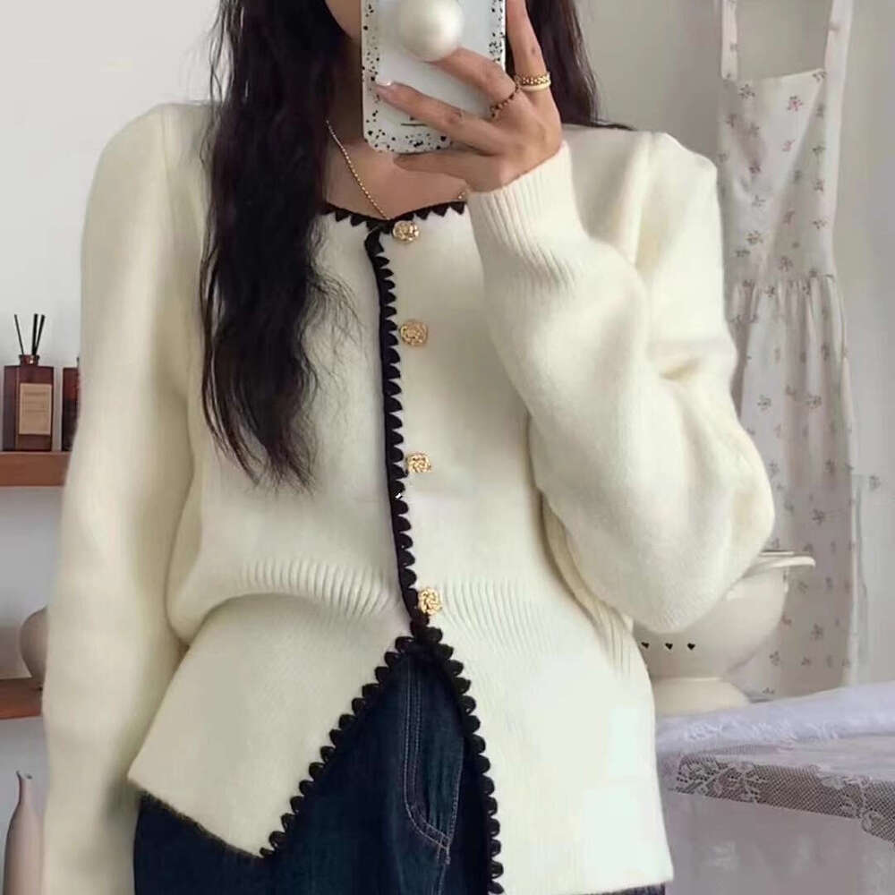 DHEssentials Autumn Winter Little Fragrance Style Sweater Top Square Collar Embroidered Single-Breasted Elegant Knitted Cardigan Coat Women's Clo