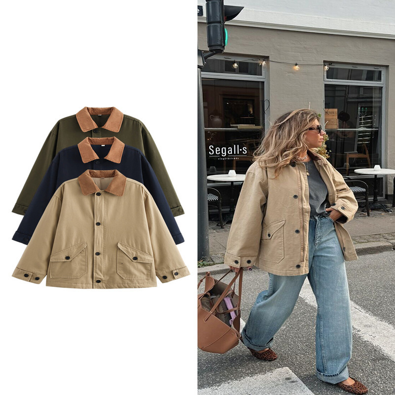 TRAF Womens Patchwork Bump Colour n Single Breasted Lapel Jacket Casual Retro Style Long Sleeve Warm Cotton 250911
