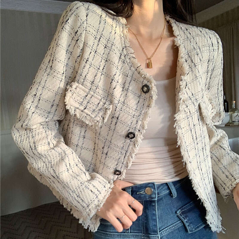 DHEssentials 2025 Spring New Elegant Little Chanel Style Short French Frayed Long Sleeve Cardigan Top for Women Chic