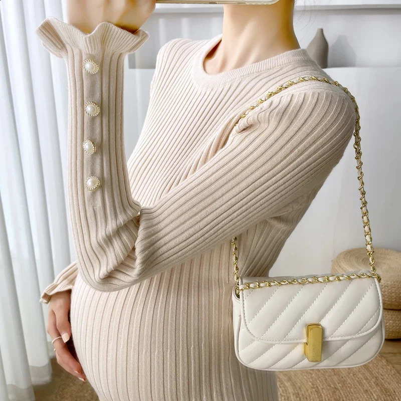 Clothes for Pregnant Women Beading Ruffle Pregnancy Autumn Winter Knitted Maternity Sweaters Chic Ins Elegant A Line Slim Dress 250911