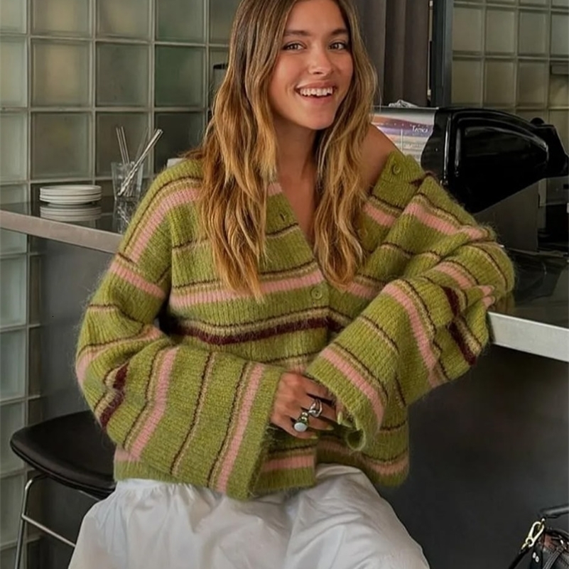 Elegant Stripe Vneck Women Sweater Single Breasted Loose Knitted Lady Cardigans 2025 Autumn Casual Full Sleeve Female Coat Tops 250911