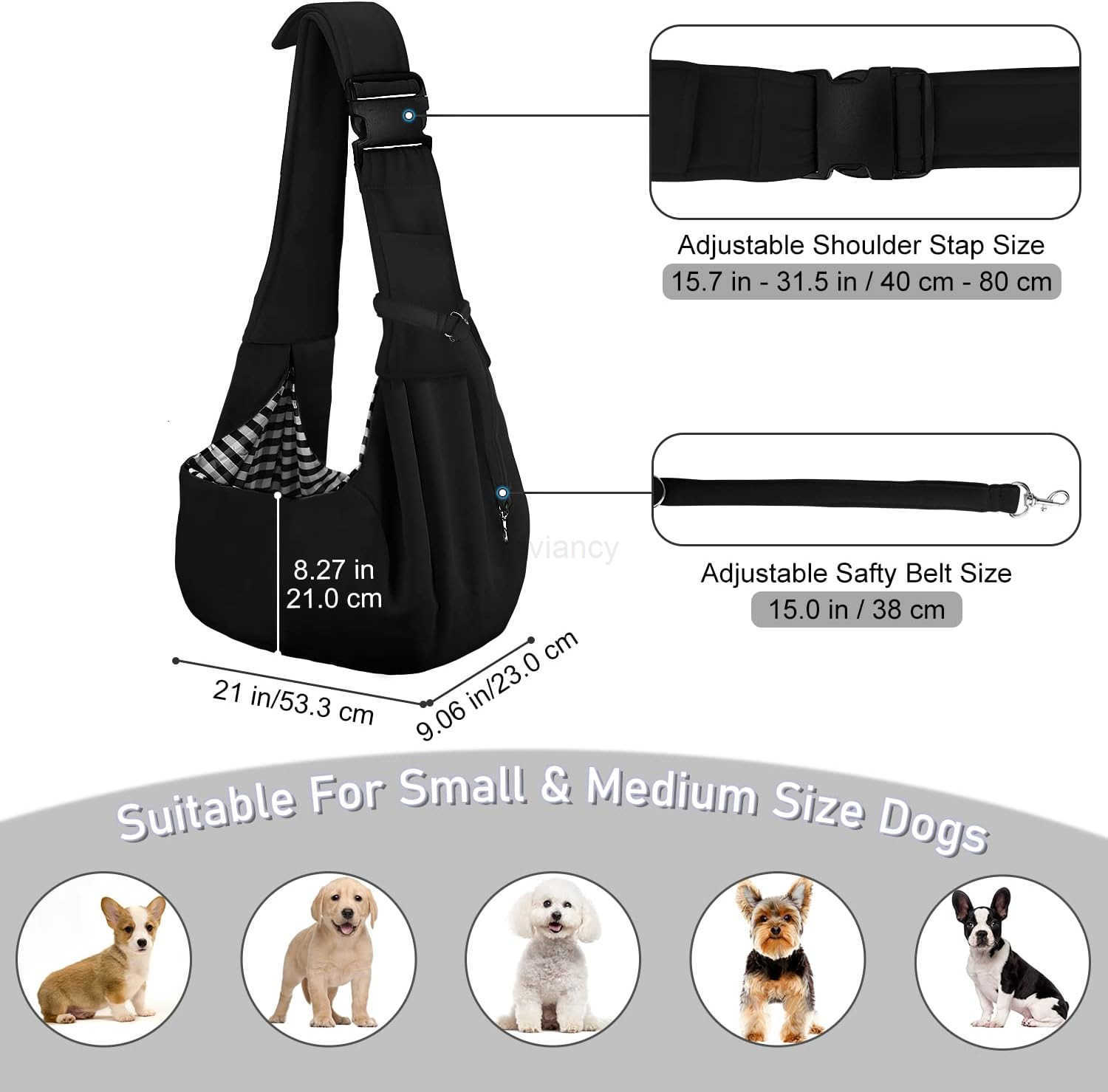 Reversible Dog Cat Sling Carrier Small Dog Carrier Adjustable Dog Sling Hands Free Cross Body Carrier with Collar Hook for DogCatBunny up to 11lb Blac