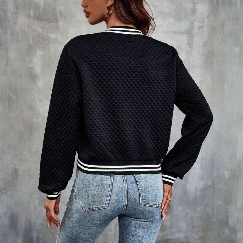 Trendy Zip-Up Baseball Jacket - Polyester & Spandex Blend Casual Outerwear For Women (Black, Striped/Checkered, S-Xxl)"