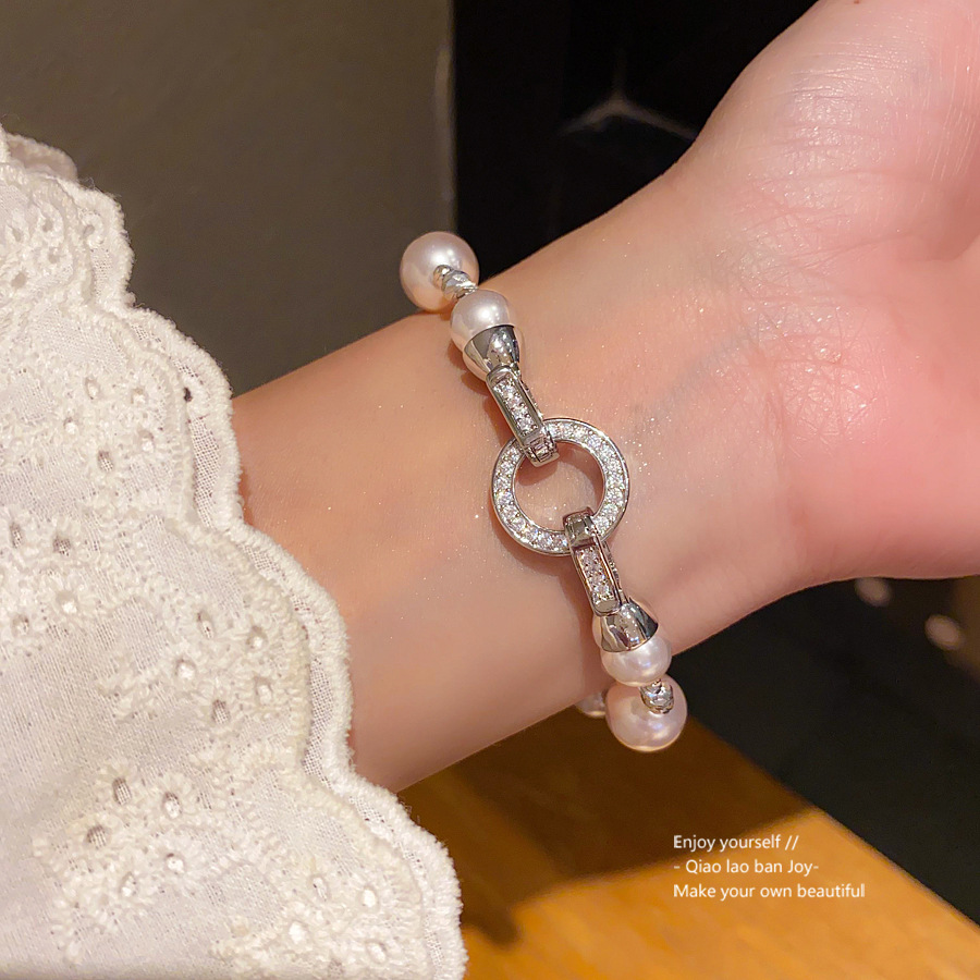 Silver - Toned Bracelet With Pearl Beads And Rhinestone Circle Accent Delicate Daily & Elegant Jewelry Gift For Her Dainty And Classy Accessory