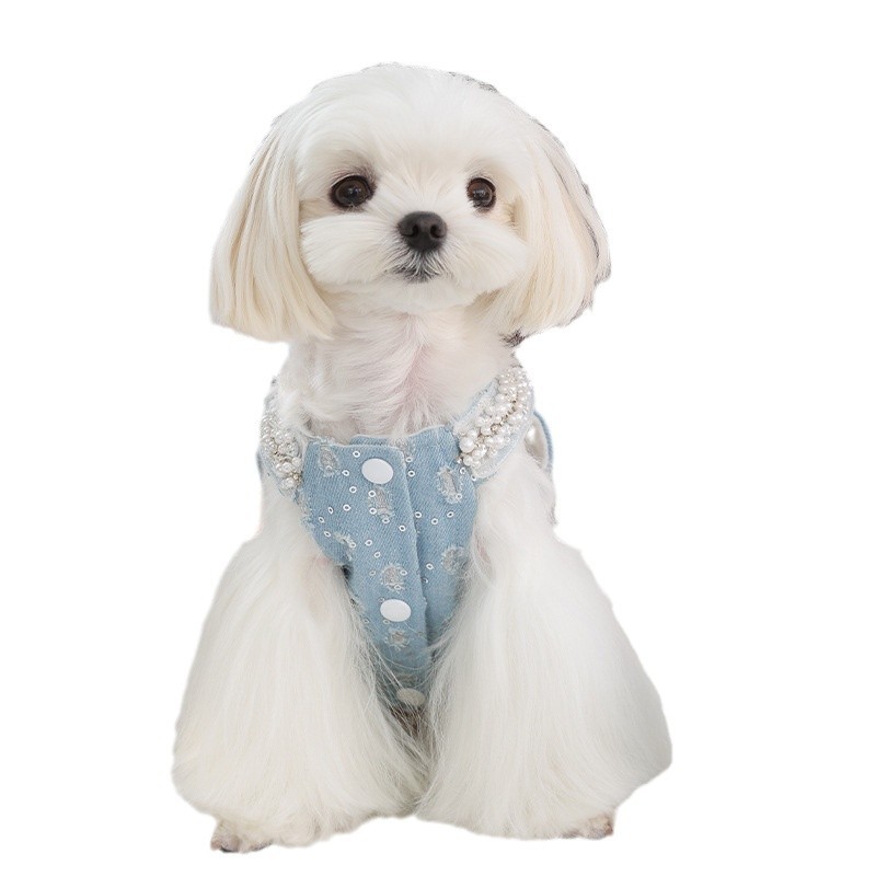 Pet Denim Sequin Vest Cute Beret Dog Autumn and Winter Coat Teddy Schnauzer Pet Small Dog Denim Vest with Fleece Puppy Clothes