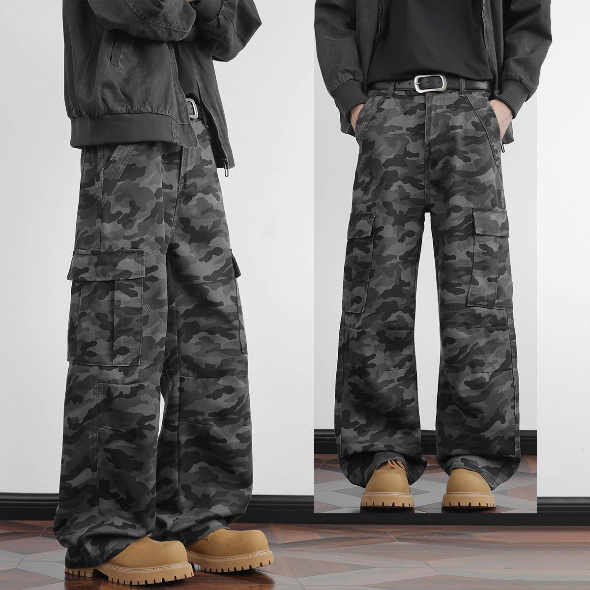 Men's Jeans Autumn Winter Camouflage Cargo Jeans -&Elastic Waistband (Semi) + Button Belt Design, Stylish Versatile Long Pants Unisex