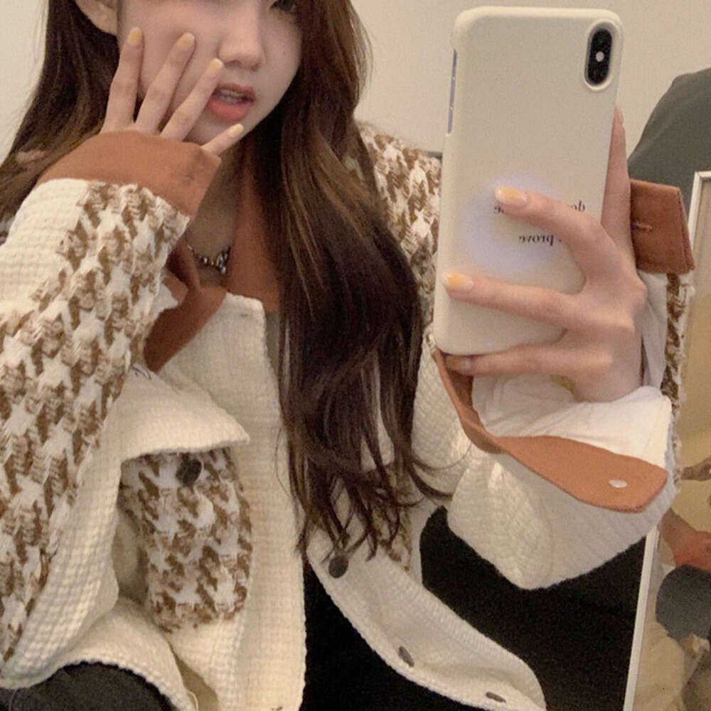 DHEssentials 2025 Long Sleeve Thickened Top Little Chanel Style High-end Houndstooth Color-blocking Baseball Jacket Women's Winter Clothing