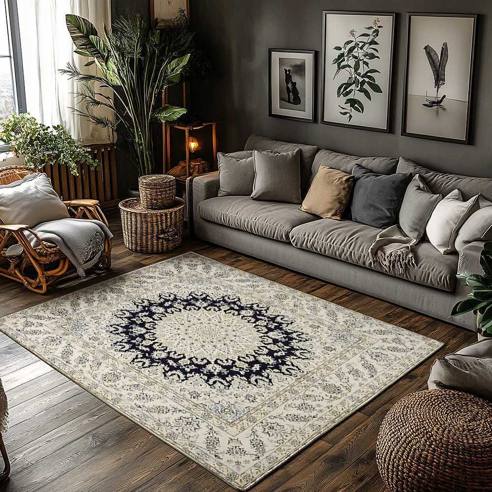 Classic Floral Design Persian Area Rug Cream Royal Blue Boho Accent Carpet for Living Room Decor 8 x 10 Feet Custom Sizes Avail C250912