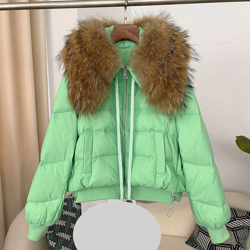 Clothing Oversized Raccoon Fur Collar Winter Women's Short Thickened White Duck Down Jacket Flat Coat