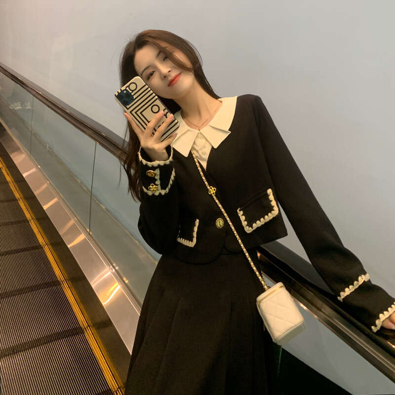 DHEssentials Plus Size Little Chanel Style Fake Jacket Top for Women High-End Feel 2025 Autumn Winter New Fat MM Half Skirt Two-Piece Set