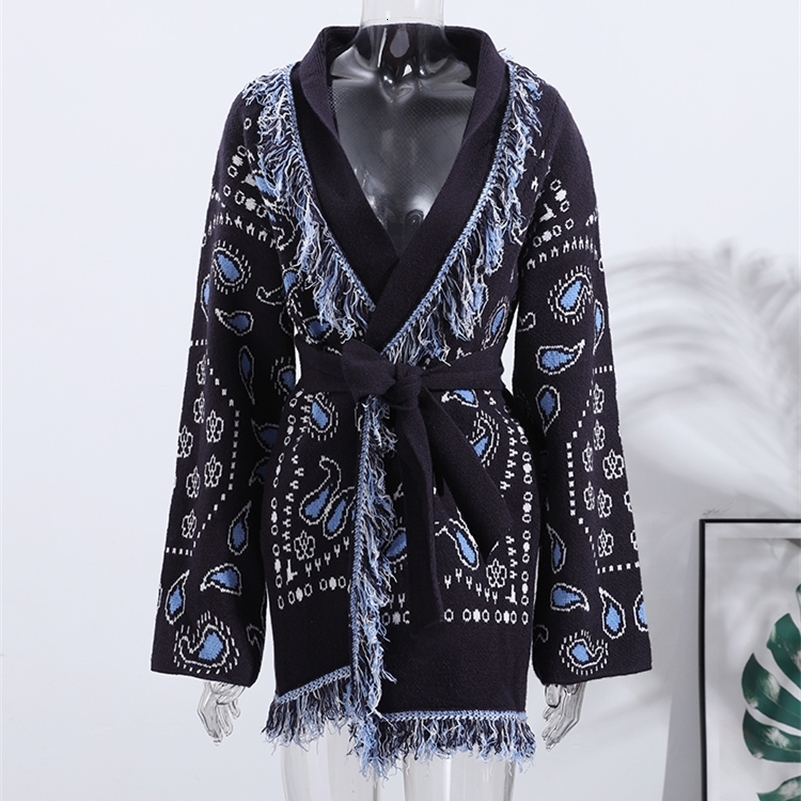 Tassel Patchwork Printed Cardigan Women Geometric Patterns Belts Vneck Long Sleeve Knitted Street Lady Sweater 2025 Autumn Coat 250911