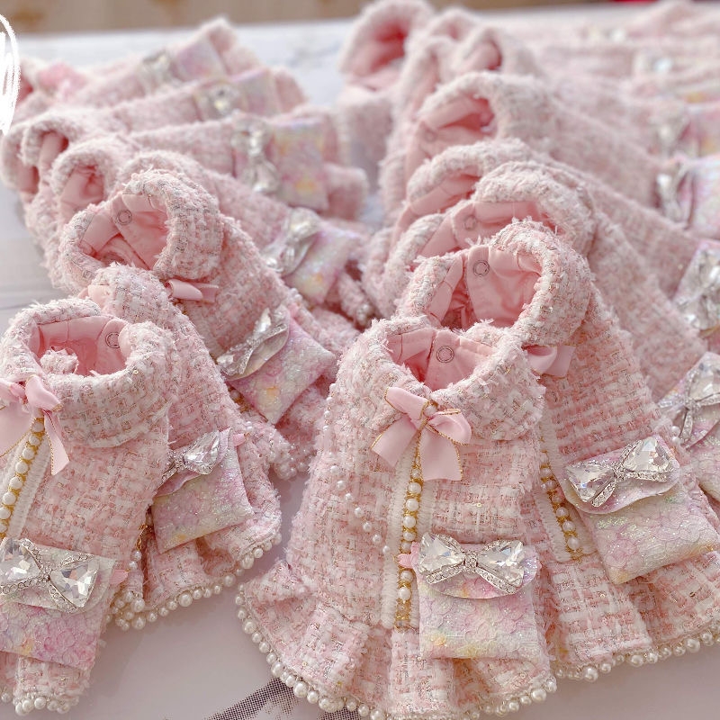 Designer Dog Clothes Tweed Pet Princess Dress, Luxury Style with Mini Bag & Button Closure, Fashionable Gift for Small Dogs Maltese, Bichon, Yorkshire