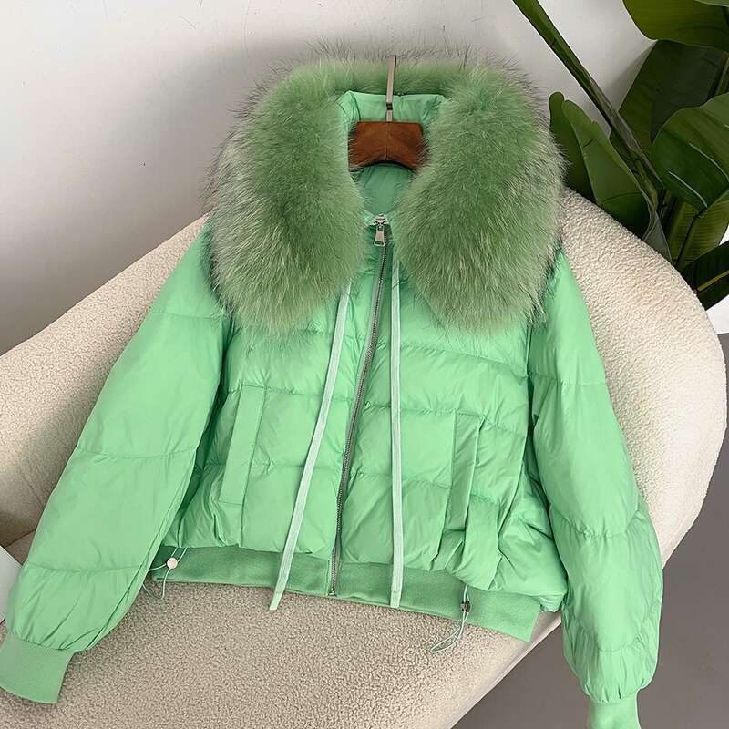 Clothing Oversized Raccoon Fur Collar Winter Women's Short Thickened White Duck Down Jacket Flat Coat