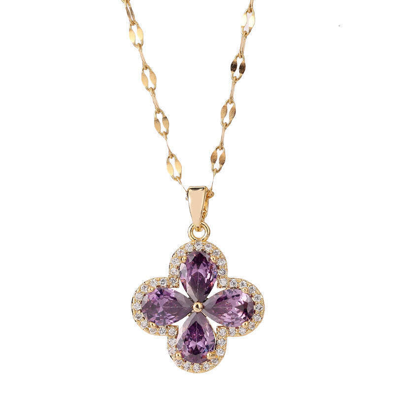 New Violet Inlaid Dia Four-Leaf Clover Titanium Steel Necklace for Women Fashion Versatile Collarbone Chain Light High-End Jewelry