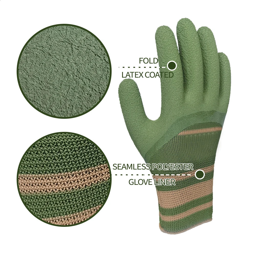 6Pairs Work Gloves Green Crinkle Latex Rubber Waterproof Professional Protective Construction Garden Men Womanen 250912