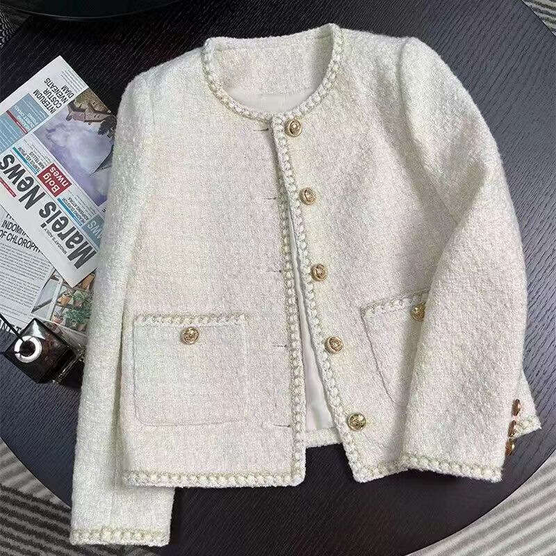 DHEssentials 2024 Spring and Autumn New Korean Off-White French Short Chanel Style Elegant Socialite Tweed Jacket for Women