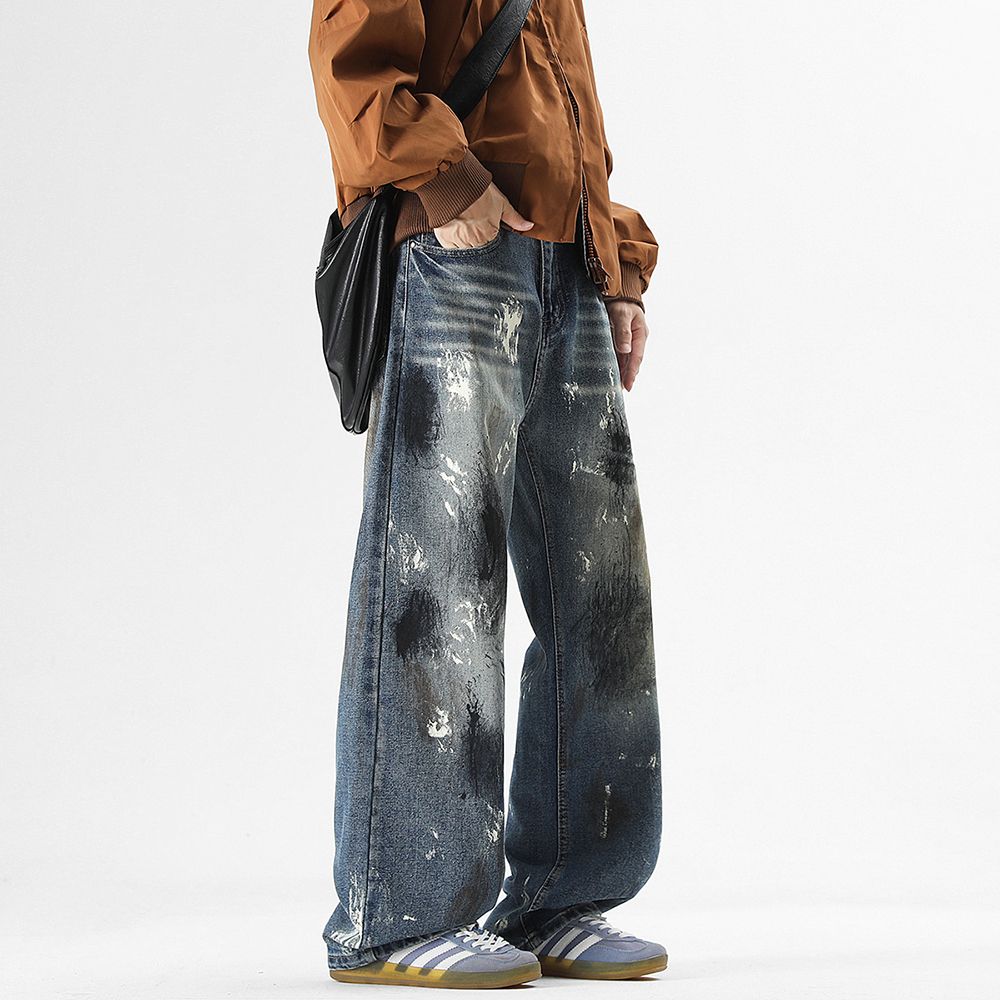 Men's Jeans New American Streetwear Brand Slightly Loose Straight Jeans, Distressed Graffiti Denim Pants