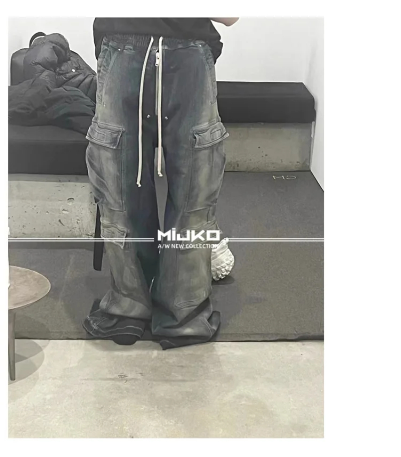 MIJKO Gradient Ribbons Jeans Multi-pockets Drawstring for Men Women Harajuku Streetwear Baggy Y2K Denim Trousers Cargo Pants