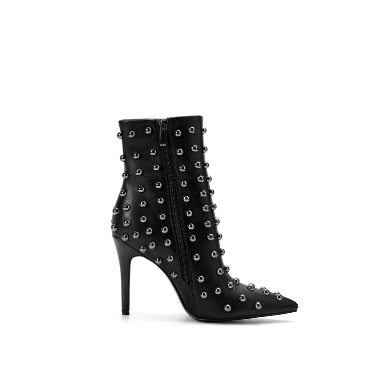 Chengdu Handmade Pointed Toe Stiletto Ankle Boots - 10.5cm Studded PU Boots (Black) 2025 Summer Collection
