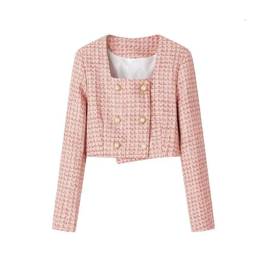 DHEssentials 2025 Spring New French Style Gentle Plaid Double-Breasted Square Collar Long Sleeve Short Coat