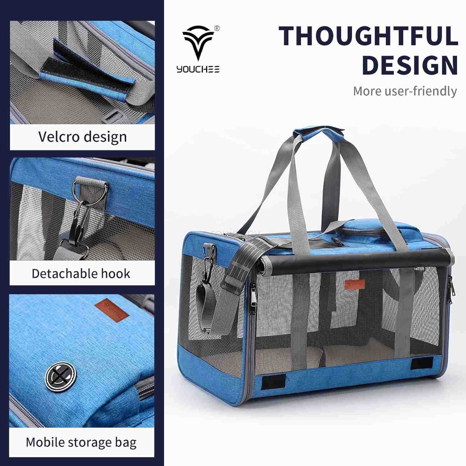 19 L x 105 W x 115 H Inches Cat Dog Carrier for Pets Up to 20 Ibs WashableSoft SidedCollapsible Travel Puppy Carrier BlueW250912