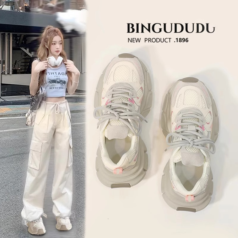 TOP Designer 2025 Spring/Summer Women's Dad Shoes Mesh Thick Sole Height Increasing Fashion Lace-up Casual Versatile Sneakers e9