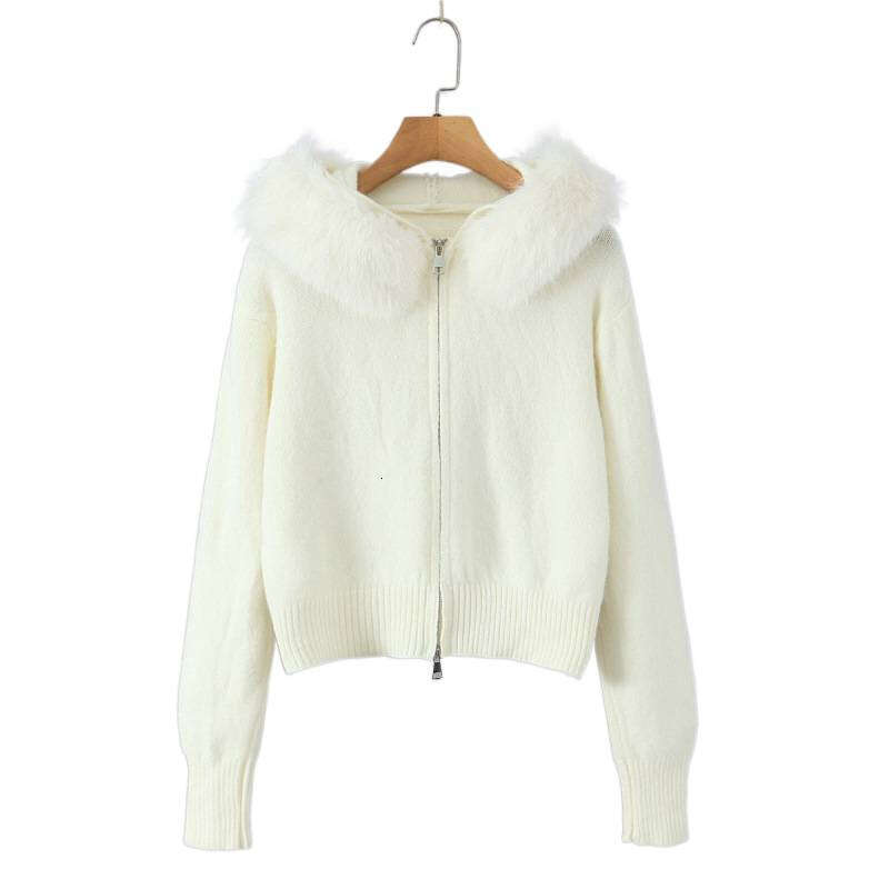 DHEssentials 2025 Autumn Women's French Fashion Slim Fit Commuter Faux Fur Collar Double Zipper Cardigan Sweater Jacket