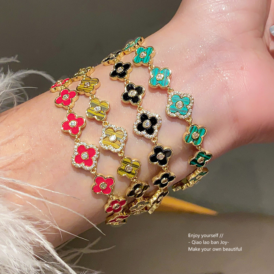 Gold - Toned Bracelet With Mother - Of - Pearl Clover Charms And Rhinestone Accent Delicate Daily & Elegant Jewelry Gift For Her High - Quality And Ti