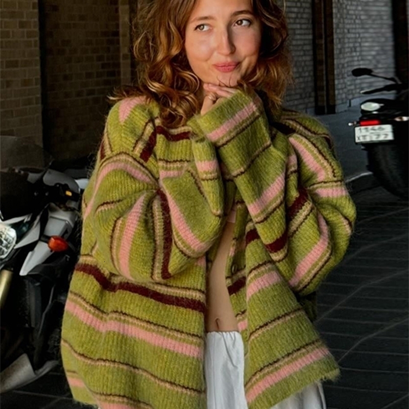 Elegant Stripe Vneck Women Sweater Single Breasted Loose Knitted Lady Cardigans 2025 Autumn Casual Full Sleeve Female Coat Tops 250911