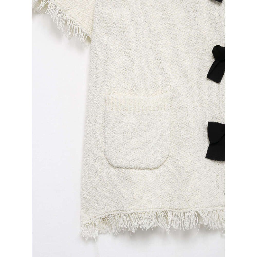 DHEssentials French Style Small Fragrance Fringe Trim Layered Bowknot Jacket + Knitted Mini Skirt Two-Piece Set