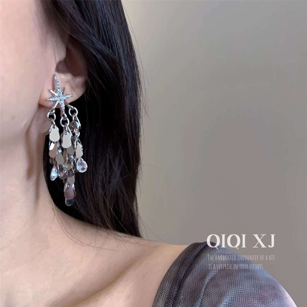 Eight-Pointed Zircon Shining Star Two-Way Wear Tassel Earrings Exaggerated Ear Jewelry