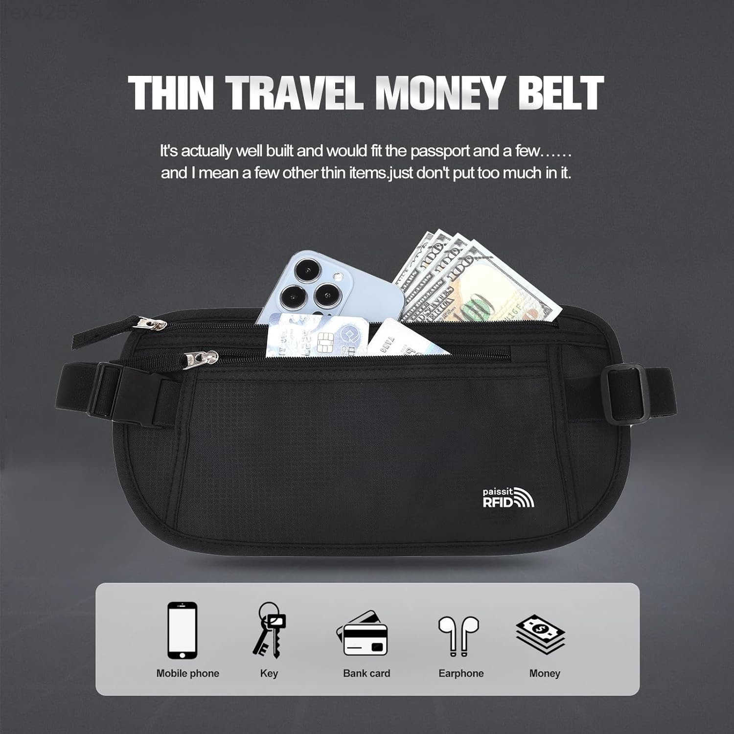 Unisex Money Belt Slim Passport Holder RFID Blocking Travel Essentials Pouch with Adjustable Strap Small Waist Pouch for Workout Running Travelling Hi
