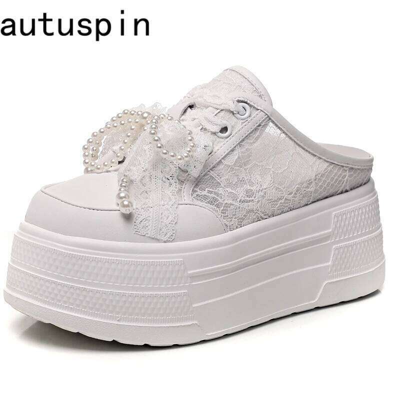 AUTUSPIN 8Cm Women Slippers Lace Shoes 2025 Summer Spring Pearls Beads Decoration Slides Loafers High Wedges Platform Mules Heel