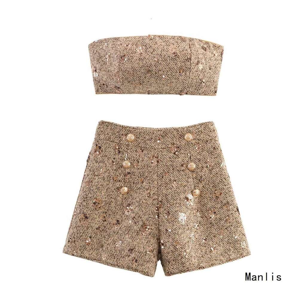 DHEssentials 2025 New Fashionable Elegant Women's Clothing Small Fragrance Style Sequin Embellished Strapless Two-Piece Set