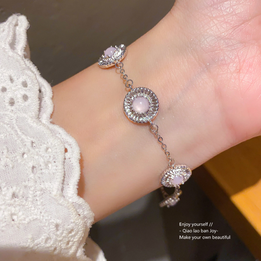 Silver - Toned Bracelet With Pink Gemstone And Rhinestone Circle Accents Delicate Daily & Charming Jewelry Gift For Her Elegant And Dainty Accessory