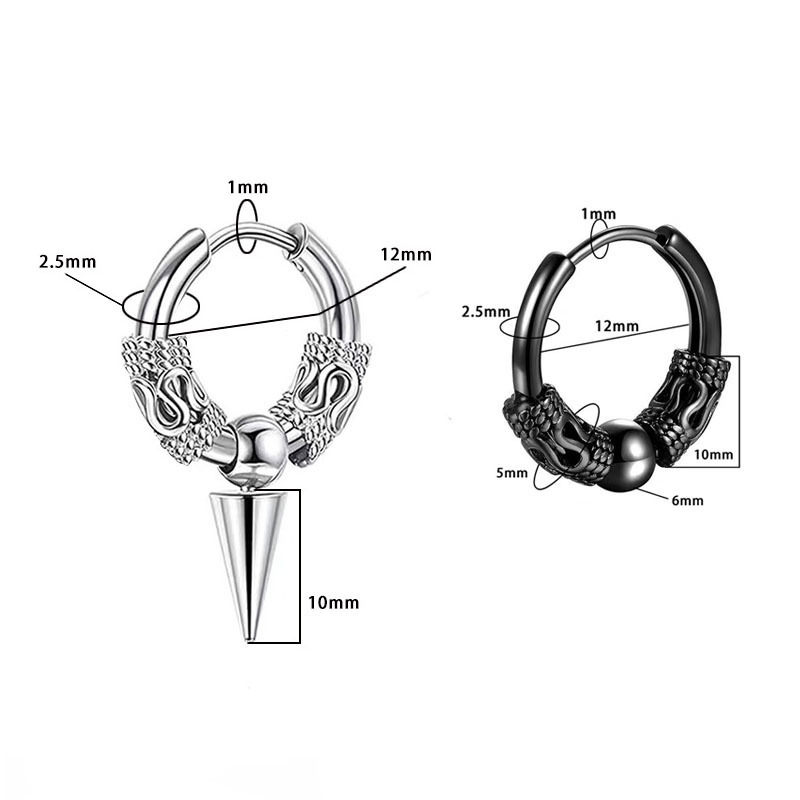 Hip-Hop Unisex Fashionable Retro Tibetan Dragon-Pattern Stainless Steel Beaded Earrings with Round Wire & Pointed Cone Details