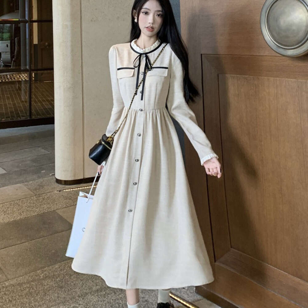DHEssentials Chanel Style for Women, Autumn Winter 2025 New Elegant Socialite Waist Slimming Mid-Length Tie Long Sleeve Dress