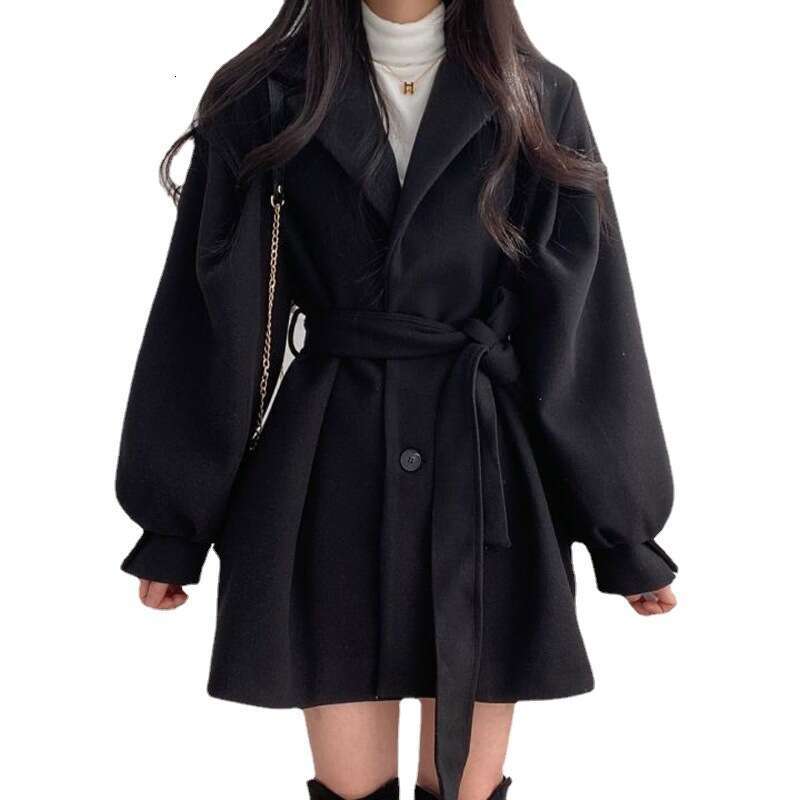 womens coat jackets womens fur coat Autumn Winter Korean Style New Small Petite Mid-Length Woolen Coat Women Lantern Sleeve Suit Collar Tie Coat
