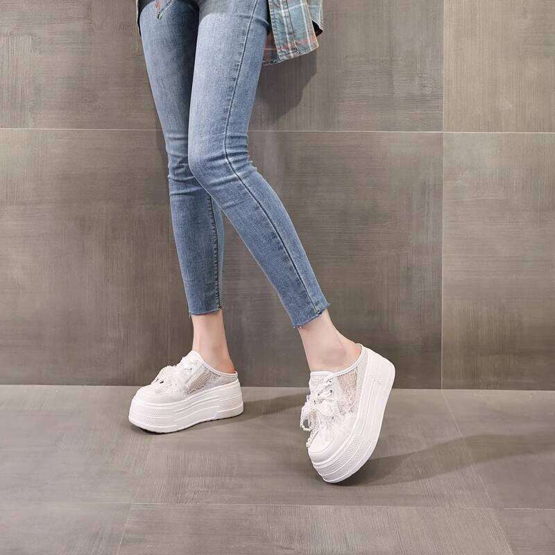 AUTUSPIN 8Cm Women Slippers Lace Shoes 2025 Summer Spring Pearls Beads Decoration Slides Loafers High Wedges Platform Mules Heel