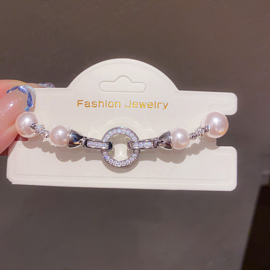 Silver - Toned Bracelet With Pearl Beads And Rhinestone Circle Accent Delicate Daily & Elegant Jewelry Gift For Her Dainty And Classy Accessory