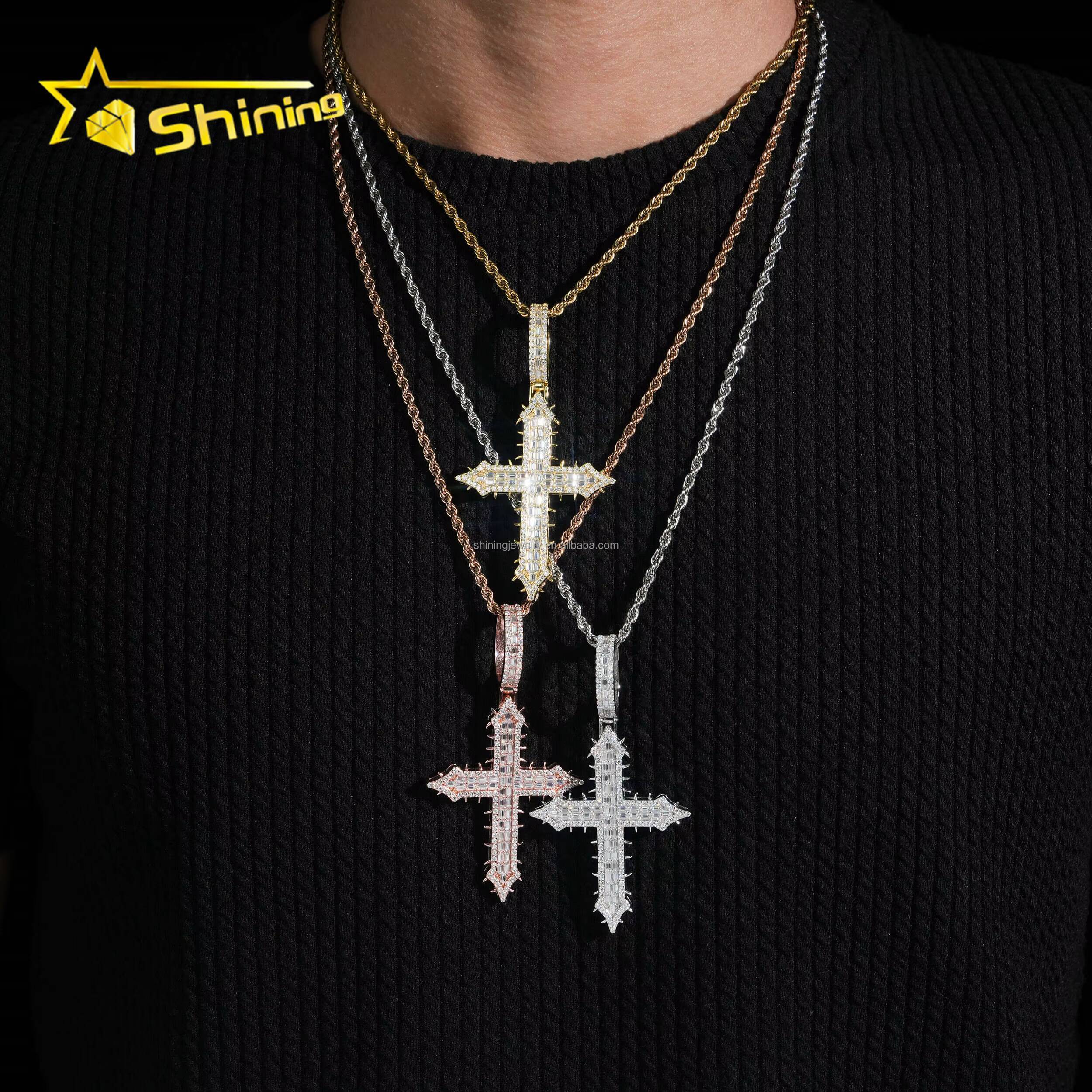 New Arrivals Bulk Stock Hip Hop Stylish Rapper Jewelry VVS1 Moissanite Diamond S925 Silver Iced Out Man Thorn Cross Pendant
