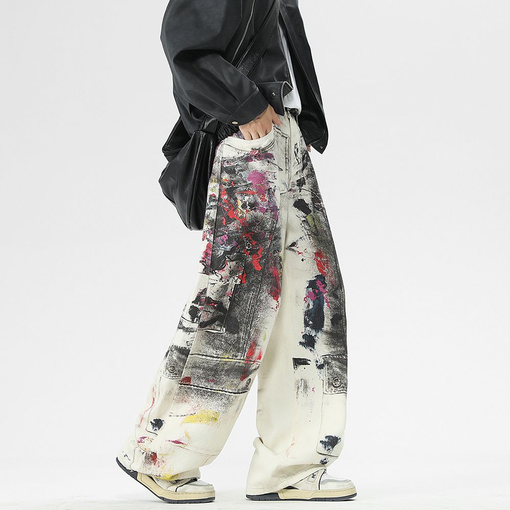 Men's Jeans New Digital Print Loose Jeans, Trendy Artistic Splash & Faded Style Denim Pants