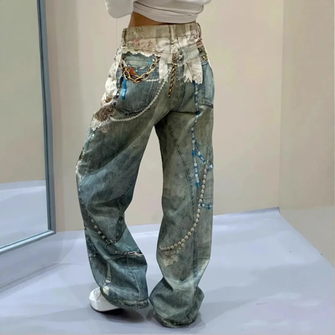 Fashionable Niche 3D Printed Lace Pearl Print Chain Straight Long Pants for Women Fashion Denim Trousers Street Jeans Ladies 250911