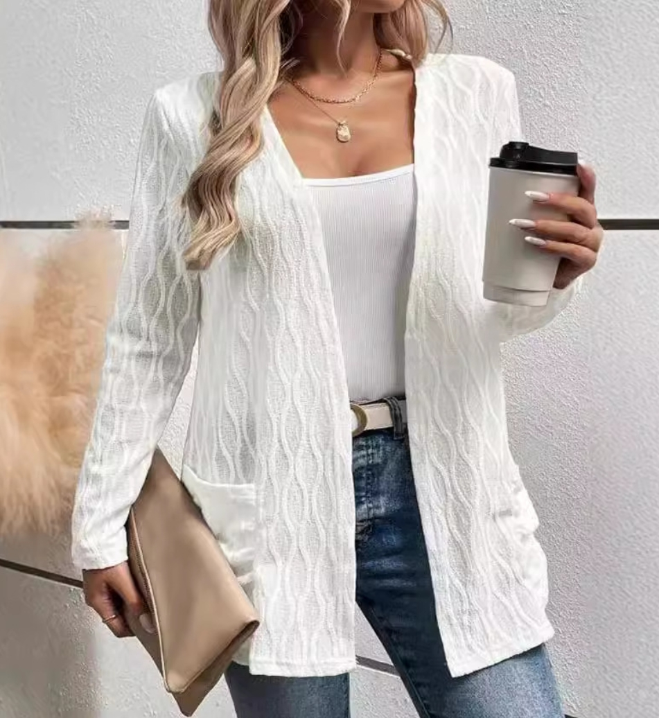 Openwork Solid-Color Homewear Casual Knit Long-Sleeve Cardigan for Commuting