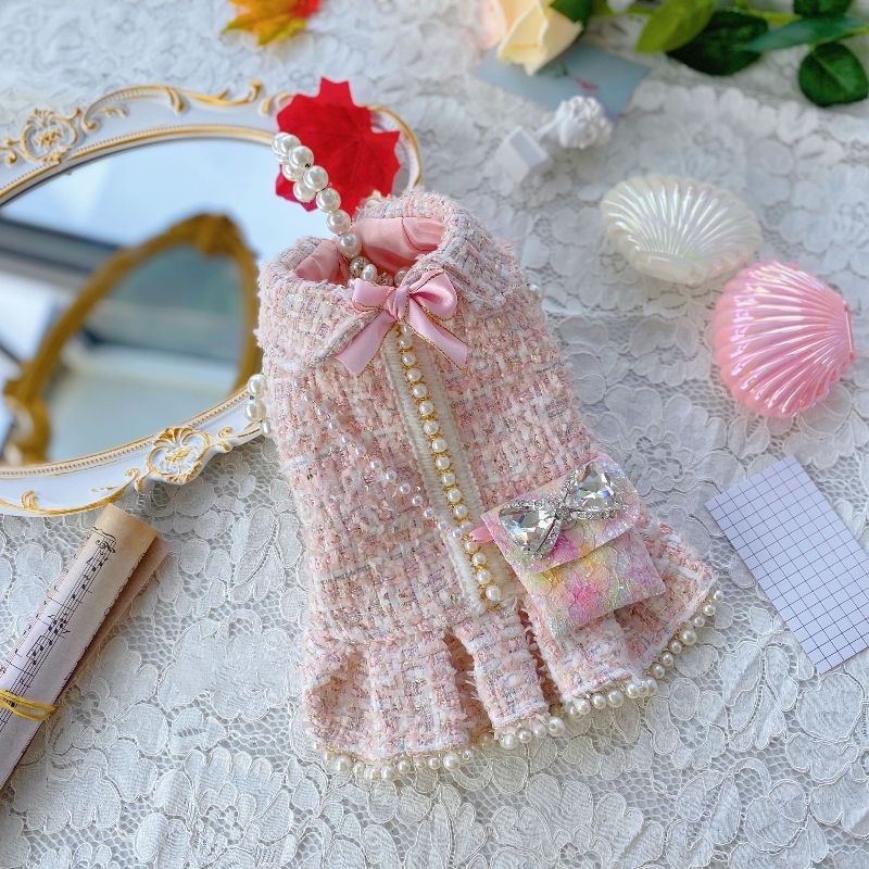 Designer Dog Clothes Tweed Pet Princess Dress, Luxury Style with Mini Bag & Button Closure, Fashionable Gift for Small Dogs Maltese, Bichon, Yorkshire
