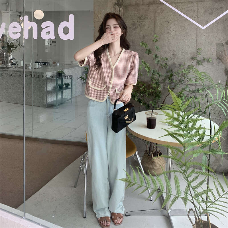 DHEssentials Chanel Style Shirt Jacket for Women Summer 2025 New Houndstooth V-neck Fashionable Short Sleeve Cardigan Top Ins