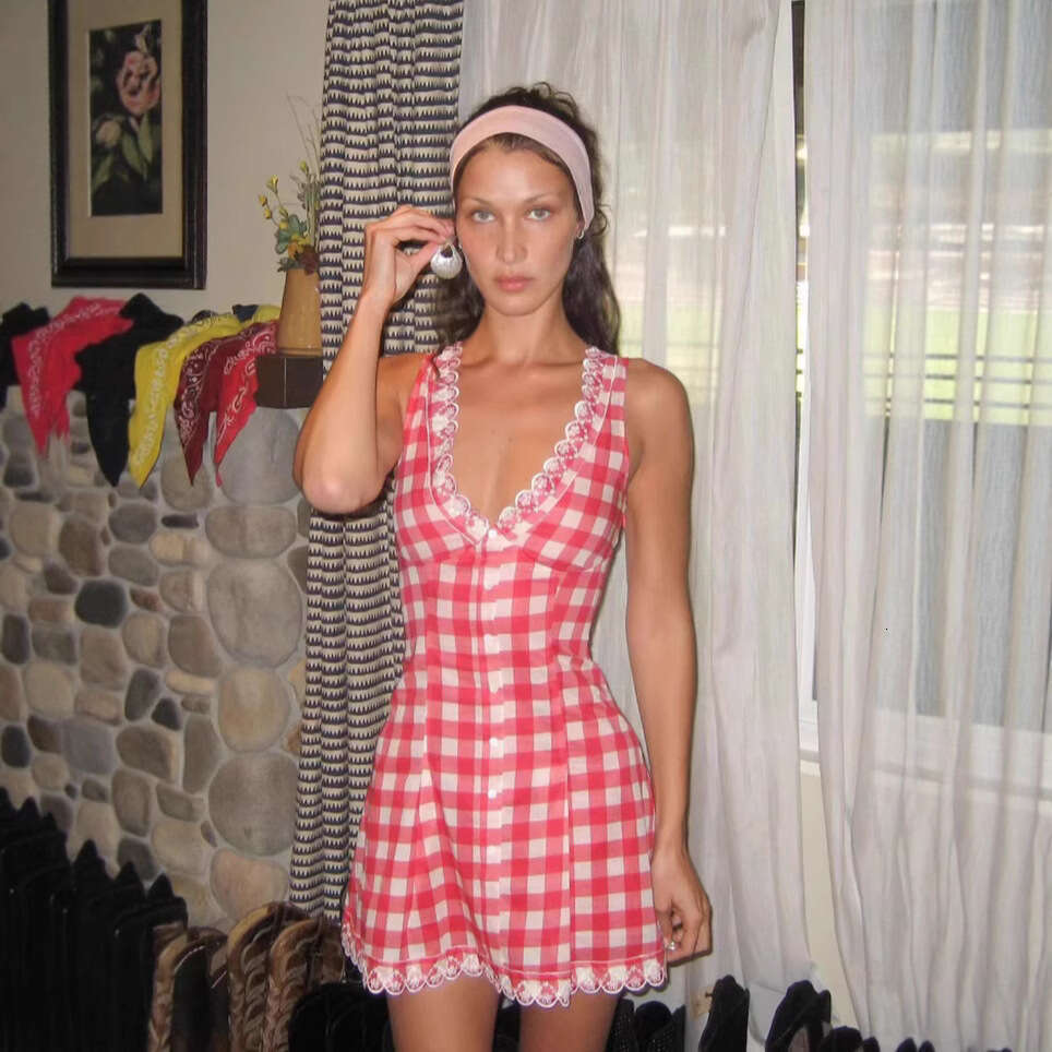 DHEssentials Summer Style Little Fragrance Hot Girl Sexy Backless Fashionable Short Plaid V-neck Halter Slim Waist Strap Dress